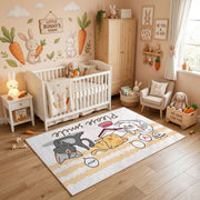 Dancing Elephant Family Area Rug, Yellow Striped Kids Carpet, Nursery Decor – angled room view