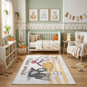 Dancing Elephant Family Area Rug, Yellow Striped Kids Carpet, Nursery Decor – pattern detail