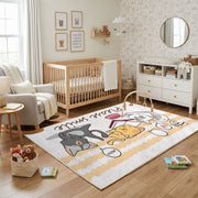 Dancing Elephant Family Area Rug, Yellow Striped Kids Carpet, Nursery Decor – living room view