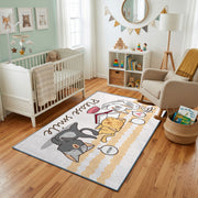 Dancing Elephant Family Area Rug, Yellow Striped Kids Carpet, Nursery Decor – design close-up