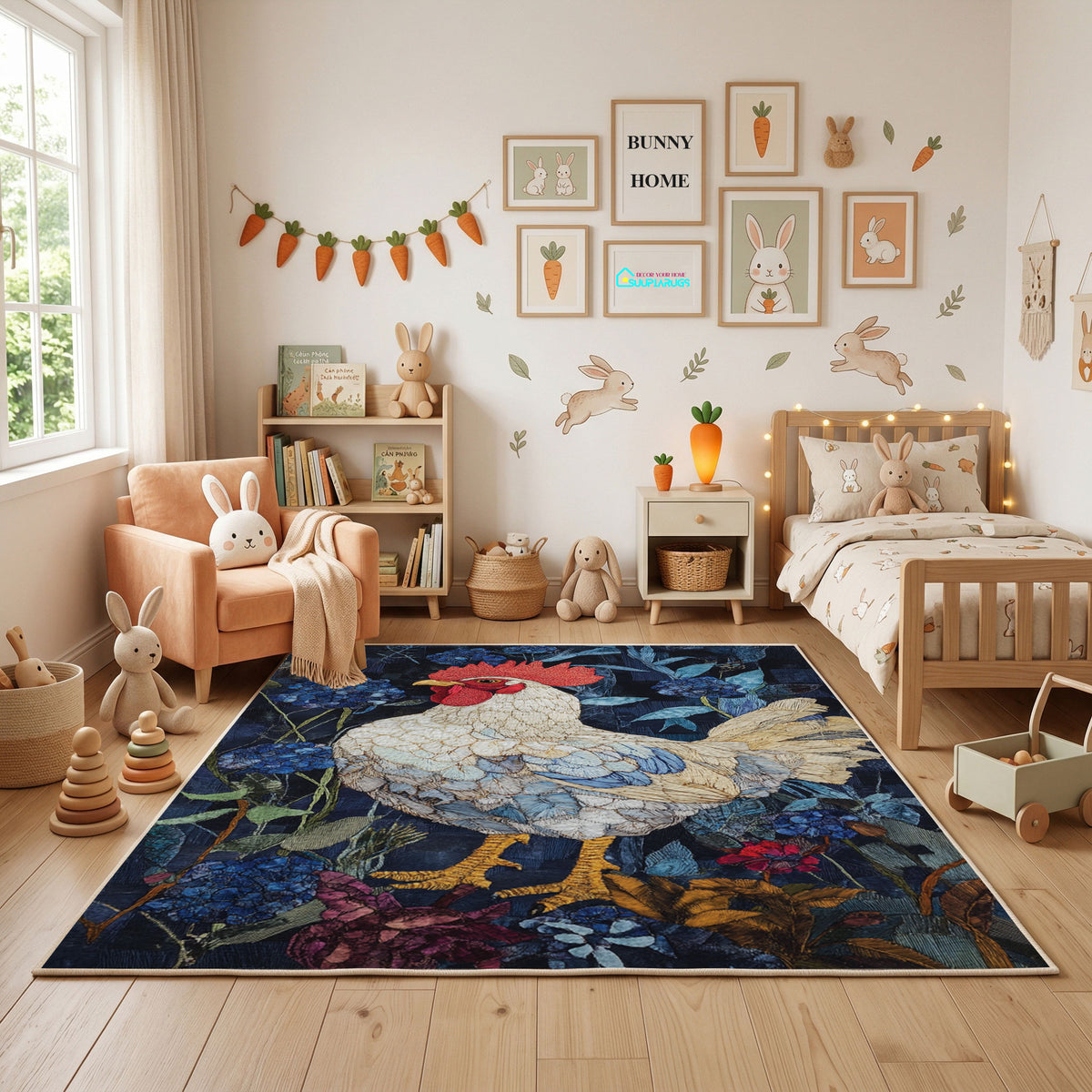 Fantasy Koi and Bird Area Rug, Dark Botanical Animal Carpet, Artistic Room Decor – featured room view