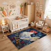 Fantasy Koi and Bird Area Rug, Dark Botanical Animal Carpet, Artistic Room Decor – full rug view