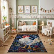 Fantasy Koi and Bird Area Rug, Dark Botanical Animal Carpet, Artistic Room Decor – angled room view