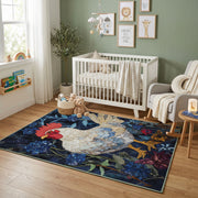 Fantasy Koi and Bird Area Rug, Dark Botanical Animal Carpet, Artistic Room Decor – design close-up