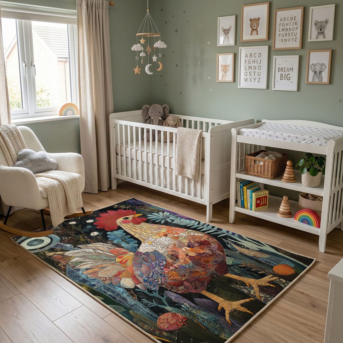 Fiery Tiger Portrait Area Rug, Dark Jungle Animal Carpet, Bold Room Decor – featured room view