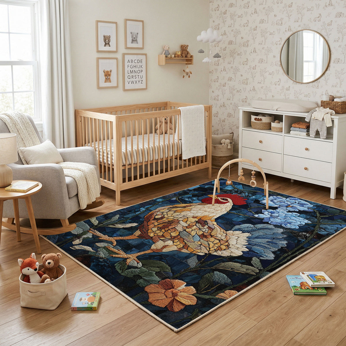 Regal Lion Portrait Area Rug, Dark Floral Animal Carpet, Vintage Room Decor – featured room view