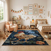 Regal Lion Portrait Area Rug, Dark Floral Animal Carpet, Vintage Room Decor – full rug view