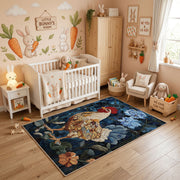 Regal Lion Portrait Area Rug, Dark Floral Animal Carpet, Vintage Room Decor – angled room view