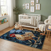 Regal Lion Portrait Area Rug, Dark Floral Animal Carpet, Vintage Room Decor – design close-up