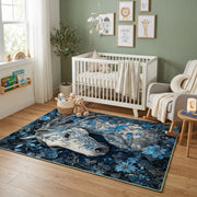 Moonlit Wolf Pack Area Rug, Blue Forest Animal Carpet, Rustic Room Decor – featured room view
