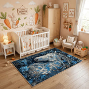 Moonlit Wolf Pack Area Rug, Blue Forest Animal Carpet, Rustic Room Decor – angled room view