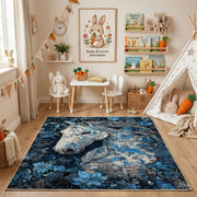 Moonlit Wolf Pack Area Rug, Blue Forest Animal Carpet, Rustic Room Decor – playroom styling