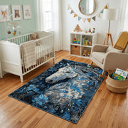 Moonlit Wolf Pack Area Rug, Blue Forest Animal Carpet, Rustic Room Decor – design close-up
