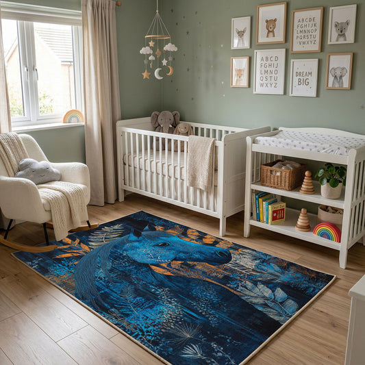 Mystic Blue Deer Area Rug, Enchanted Forest Animal Carpet, Fantasy Decor – featured room view