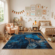Mystic Blue Deer Area Rug, Enchanted Forest Animal Carpet, Fantasy Decor – full rug view