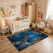 Mystic Blue Deer Area Rug, Enchanted Forest Animal Carpet, Fantasy Decor – angled room view
