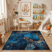 Mystic Blue Deer Area Rug, Enchanted Forest Animal Carpet, Fantasy Decor – playroom styling
