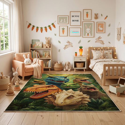 Tiger Cub Jungle Area Rug, Green Tropical Animal Carpet, Kids Room Decor – full rug view
