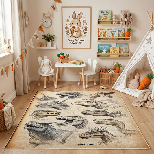Vintage Animal Sketch Area Rug, Neutral Wildlife Illustration Carpet, Study Decor – featured room view