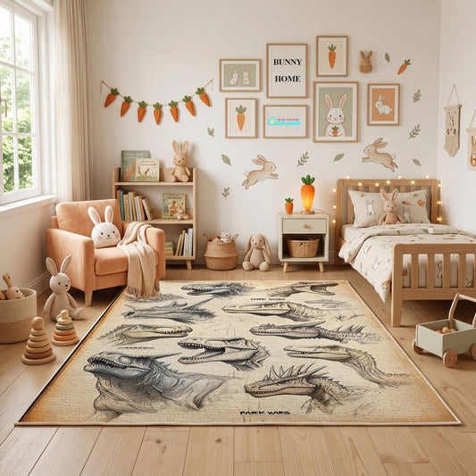 Vintage Animal Sketch Area Rug, Neutral Wildlife Illustration Carpet, Study Decor – full rug view