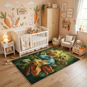 Tropical Parrot Jungle Area Rug, Green Bird Carpet, Nature Room Decor – angled room view