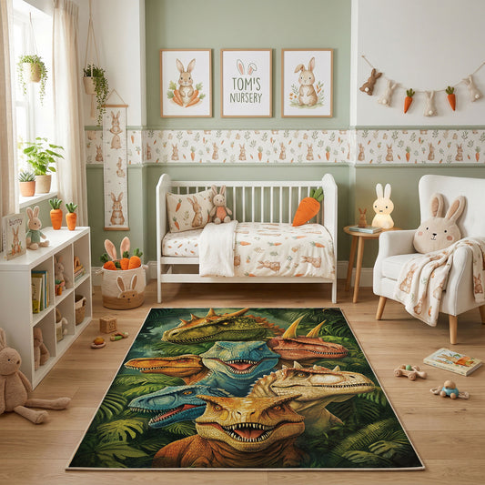 Colorful Dinosaur Jungle Area Rug, Prehistoric Animal Carpet, Kids Room Decor – featured room view