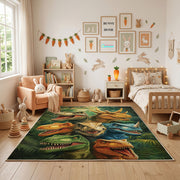 Dinosaur Family Jungle Area Rug, Green Prehistoric Carpet, Playroom Decor – full rug view