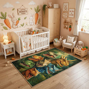 Dinosaur Family Jungle Area Rug, Green Prehistoric Carpet, Playroom Decor – angled room view