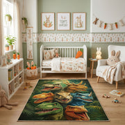 Dinosaur Family Jungle Area Rug, Green Prehistoric Carpet, Playroom Decor – pattern detail