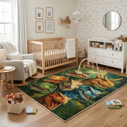 Dinosaur Family Jungle Area Rug, Green Prehistoric Carpet, Playroom Decor – living room view