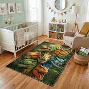 Dinosaur Family Jungle Area Rug, Green Prehistoric Carpet, Playroom Decor – design close-up