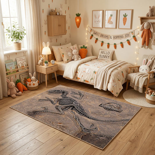 Vintage Dinosaur Fossil Area Rug, Neutral Prehistoric Sketch Carpet, Study Decor – featured room view