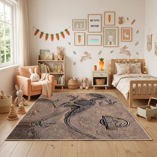 Vintage Dinosaur Fossil Area Rug, Neutral Prehistoric Sketch Carpet, Study Decor – full rug view