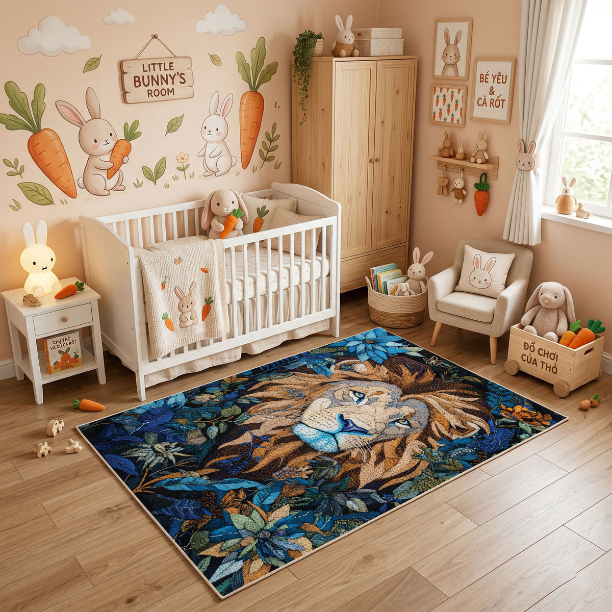 Floral Tiger Cub Area Rug, Blue Botanical Animal Carpet, Artistic Room Decor – featured room view