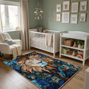Floral Tiger Cub Area Rug, Blue Botanical Animal Carpet, Artistic Room Decor – alternate room view