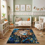 Floral Tiger Cub Area Rug, Blue Botanical Animal Carpet, Artistic Room Decor – angled room view