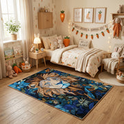 Floral Tiger Cub Area Rug, Blue Botanical Animal Carpet, Artistic Room Decor – pattern detail