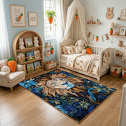 Floral Tiger Cub Area Rug, Blue Botanical Animal Carpet, Artistic Room Decor – texture view