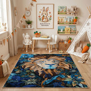 Floral Tiger Cub Area Rug, Blue Botanical Animal Carpet, Artistic Room Decor – bedroom styling