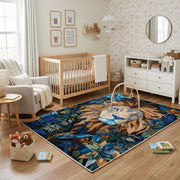 Floral Tiger Cub Area Rug, Blue Botanical Animal Carpet, Artistic Room Decor – playroom styling