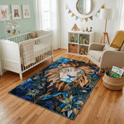 Floral Tiger Cub Area Rug, Blue Botanical Animal Carpet, Artistic Room Decor – living room view