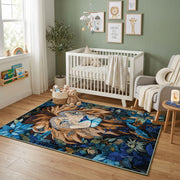 Floral Tiger Cub Area Rug, Blue Botanical Animal Carpet, Artistic Room Decor – design close-up