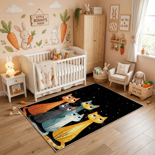 Colorful Cat Trio Area Rug, Modern Feline Carpet, Playful Kids Room Decor – full rug view