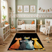 Colorful Cat Trio Area Rug, Modern Feline Carpet, Playful Kids Room Decor – angled room view