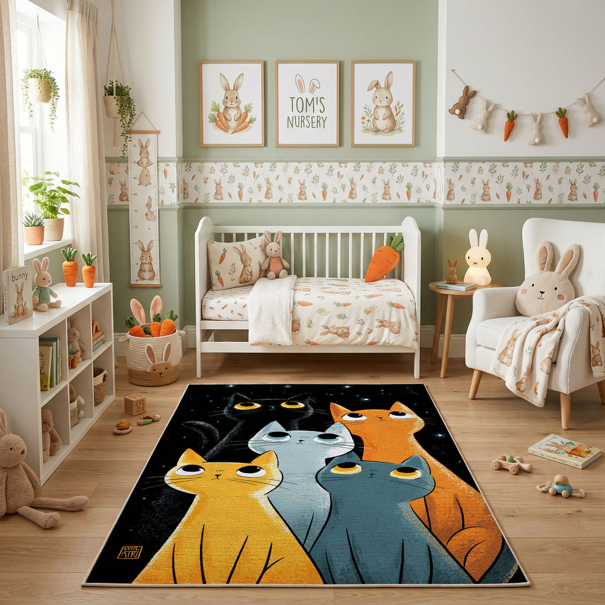 Modern Cat Family Area Rug, Orange Teal Feline Carpet, Kids Room Decor – featured room view