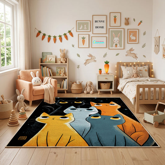 Modern Cat Family Area Rug, Orange Teal Feline Carpet, Kids Room Decor – full rug view