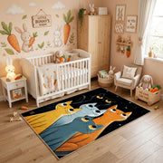Modern Cat Family Area Rug, Orange Teal Feline Carpet, Kids Room Decor – angled room view
