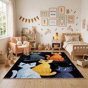 Night Sky Cat Family Area Rug, Blue Orange Feline Carpet, Cozy Room Decor – featured room view