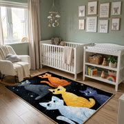 Night Sky Cat Family Area Rug, Blue Orange Feline Carpet, Cozy Room Decor – alternate room view