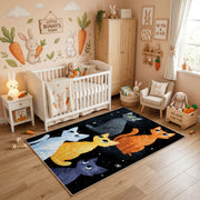 Night Sky Cat Family Area Rug, Blue Orange Feline Carpet, Cozy Room Decor – full rug view